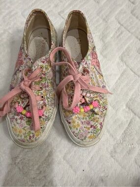 LoveShackFancy Pink Floral Canvas Sneakers with Bead Accents